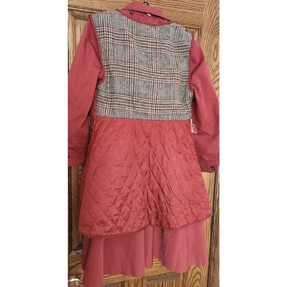 Vintage 80s Retro Dusty Rose Pink Plaid Lined Midi Trench Coat w/ Over-Vest PS - Picture 7 of 12